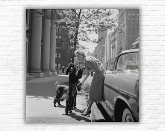 Slim Aarons Park Avenue Fashion Print/Poster: Mrs. Alonso Irigoyen in Vera Stewart with Dogs Ajax & Wacky, Park Avenue, New York City