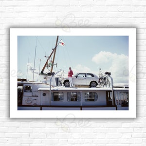 Slim Aarons No Transport Problems Print/Poster - Mary Hartline with Car & Bicycles on Yacht &#39;Hartline&#39;, Palm Beach