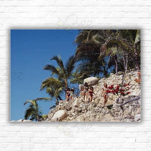 Slim Aarons Down To The Pool Print/Poster - A group of women descending to the pool at Warren Avis&#39; villa, La Barranca, Las Brisas, Acapulco