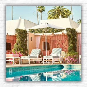 Beverly Hills Hotel Pool Cabana Print/Poster: Swimming Poolside LA Palm Tree Wall Art Photo
