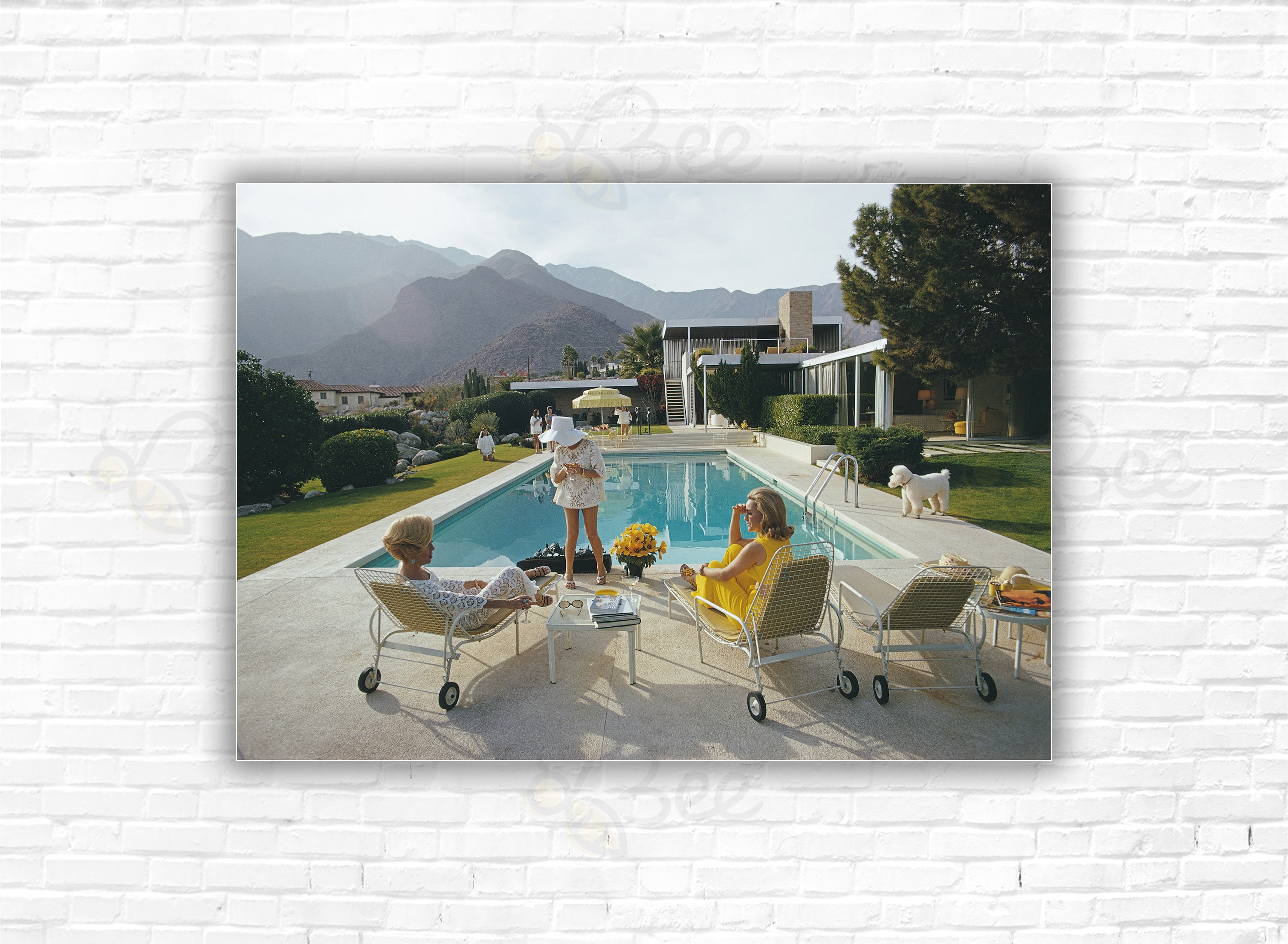 Slim Aarons Poolside Poodle Print/Poster - Helen Dzo Dzo Kaptur Nelda Linsk & Lita Baron by the pool at Kaufmann Desert House Palm Springs
