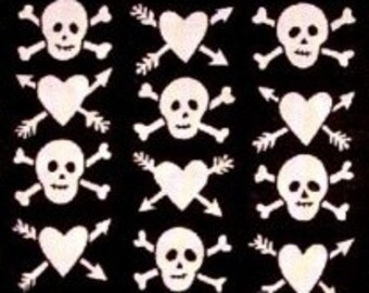Hearts & Skulls Retro Cotton Fabric REMNANT - Free Shipping