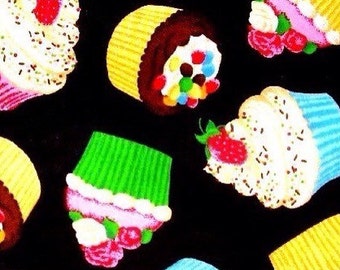 Cupcakes On Black Cotton Fabric REMNANT