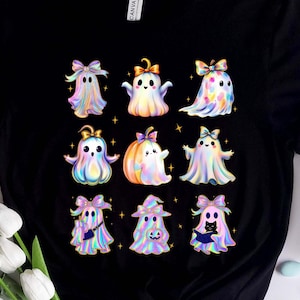 Iriserend spookshirt, Halloween-spookshirt, schattig regenboogspook Halloween-shirt, shirt Spooky Ghost, Boo Ghost Fall-shirt voor vrouwen