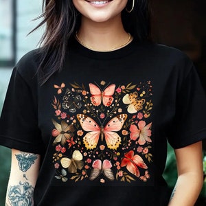 Butterfly Shirt, Floral Butterfly Shirt, Butterfly Lover Gift, Boho Butterfly T-shirt, Butterfly Botanical Graphic T-shirt for Women