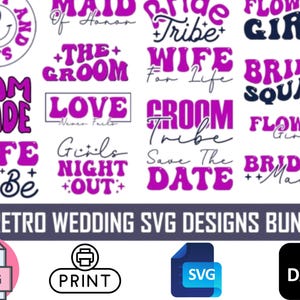 Peut inclure: Un ensemble de 15 designs de mariage rétro au format SVG avec des textes en violet et bleu foncé, incluant des phrases comme Team Bride, Bride Squad, Flower Girl et Groom Tribe. Le lot comprend des icônes de fichiers PNG, print, SVG et DXF.