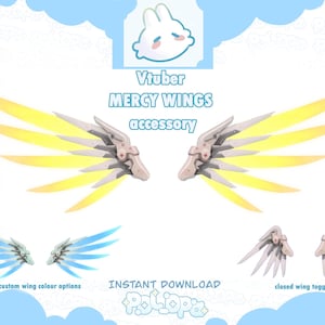 Puede incluir: Accesorio Vtuber Mercy Wings. Un par de alas de ángel blancas y amarillas con una base gris metálica. Las alas se muestran en posición abierta. La imagen también muestra un par de alas azules y un par de alas cerradas. El texto "INSTANT DOWNLOAD" y "Polytopia" se muestra en la imagen.