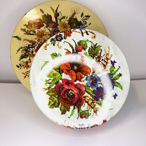 Set Of 2 Vintage Floral Faux Needlepoint Tin, Candy/Cookies, Cottage Storage