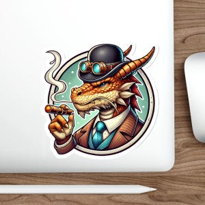 May include: A cartoon illustration of a dragon wearing a bowler hat and goggles, smoking a cigar, and dressed in a suit. The dragon is in a circular frame with a blue and green background.