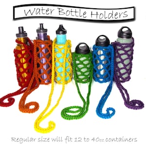 May include: Six crocheted water bottle holders in various colors, including red, purple, yellow, green, blue, and purple. The holders are made with a mesh pattern and have a long strap for carrying. "Regular size will fit 12 to 40oz containers" is written below the holders.