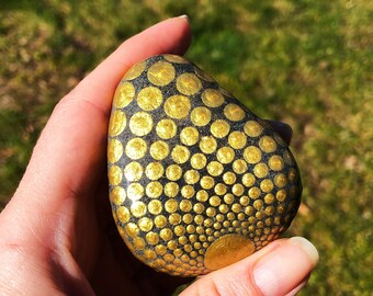 Golden Dot Mandala Stone, Hand Painted Satori River Rock