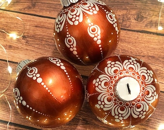 Copper Christmas Ornament, Dot Art Mandala Bauble, Shatterproof