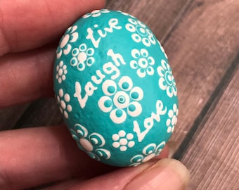 Miniature Painted Stone Robbin Egg, Natural River Rock Shaped and Painted Like an Easter Egg, Dot Art , Live Laugh Love