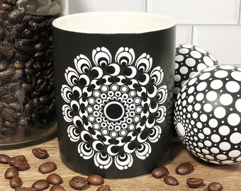 Hand Painted Mandala Coffee Mug, Black and White Dot Art, 11 oz