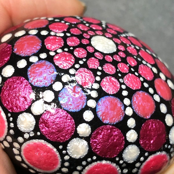 Pink Sea Urchin Stone, Small Dot Art Mandala, Hand Painted Natural River Rock, Meditation, Memorial, Garden, Home Decor, Gift