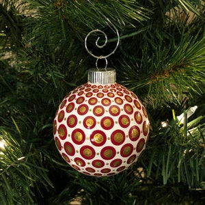 Golden Amanita Mushroom Vortex Christmas Ornament, Metallic Gold and Red Polka Dot Mandala Bauble, Trippy, Shatterproof plastic
