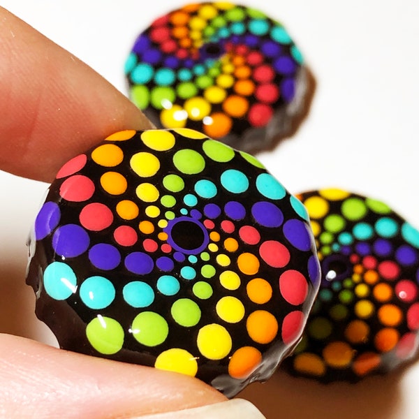 Upcycled bottle cap magnets, Hand Painted Dot Art Mandalas, Rainbow Vortex Swirl