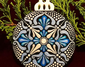Blue and Silver Hand Painted Flat Wood Christmas Tree Ornament, Dot Art Mandala