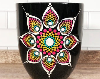 Rainbow Starburst, Extra Large 20 oz Dot Art Mandala Coffee Mug, Black Porcelain Cup, Hand Painted