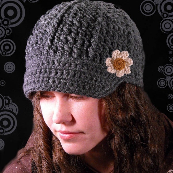 Newsboy Style Beanie Hat with Visor Brim and Removable Daisy Flower - 'Granite'