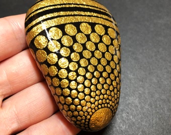 Modern Vortex, Elegant Dot Art Mandala Stone, Small Painted River Rock, Gold and Black