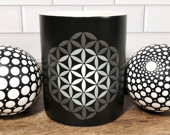 Hand Painted Coffee Cup, Little Mandala Mug, 11 oz, Grayscale Seed of Life