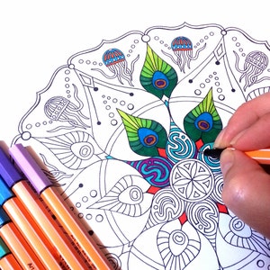 Puede incluir: Primer plano de una persona coloreando un mandala con un bolígrafo negro. El mandala presenta un diseño de pluma de pavo real con colores verde, azul y naranja. La persona está usando un juego de bolígrafos de colores para colorear el mandala.