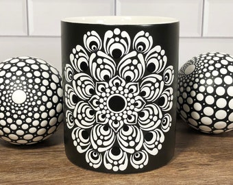 Hand Painted Mandala Coffee Mug, Black and White Dot Art, 11oz Ceramic Tea Cup