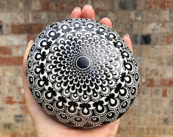 Hand Painted Dot Art Mandala Stone, Black and White River Rock