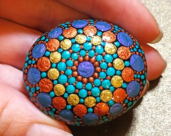 Small Dot Art Mandala, Hand Painted Satori Stone, Natural river rock, Aurora