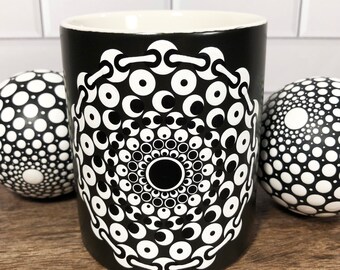 Optical Illusion Mandala Mug, Small Sturdy Dot Art Ceramic Cup, 11 oz, Hand Painted