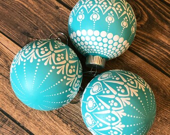 Turquoise Mandala Christmas Ornaments, White Dot Art Baubles, Set of 3