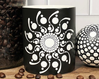 Twisted Orbit, Little Dot Art Mandala Mug, 11 oz Coffee Cup, Hand Painted, Black and White