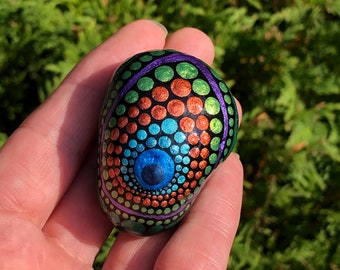 Peacock Feather, Small Dot Art Mandala Stone, Hand-Painted Rock Art, Metallic Green, Blue, Purple, Copper