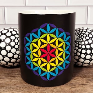 Rainbow Flower of Life, Hand Painted Sacred Geometry Mandala Mug, Small 11 oz Trippy Tea Cup, Seed of Life