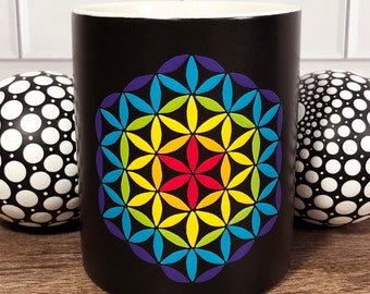 Hand Painted Rainbow Flower of Life Mug, Sacred Geometry Tea Cup