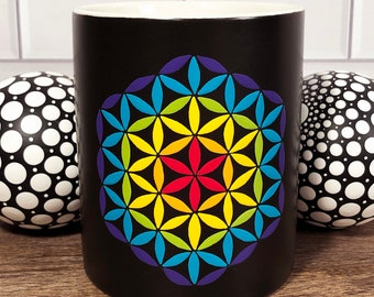 Rainbow Flower of Life, Hand Painted Sacred Geometry Mandala Mug, Small 11 oz Trippy Tea Cup, Seed of Life