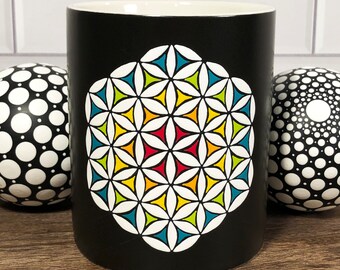 Hand Painted Rainbow Flower of Life Mug, Sacred Geometry Tea Cup