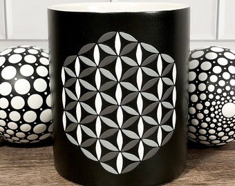 Flower of Life Lattice, Hand Painted Sacred Geometry Cup, Small Mandala Mug, 11 oz Trippy Tea Cup, Grayscale Seed of Life