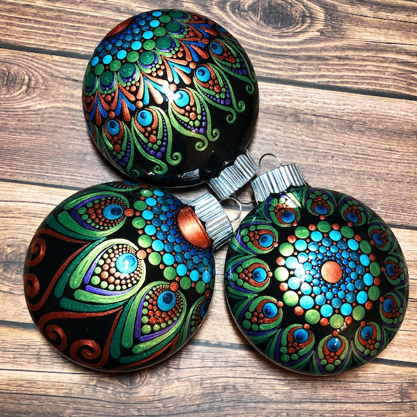 Set of 3 Peacock Flare Dot Art Mandala Christmas Ornaments, Shatterproof plastic, Disc Shape