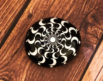 Small Dot Art Mandala, Hand Painted Satori Stone, Black and White Vortex Illusion