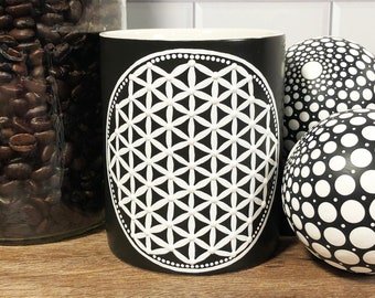 Hand Painted Coffee or Tea Cup, Flower of Life, Small Sturdy Mandala Mug, 11 oz, Black and White