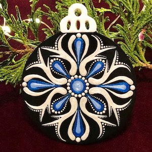 Blue and Silver Snowflake Hand Painted Flat Wood Christmas Tree Ornament, Dot Art Mandala