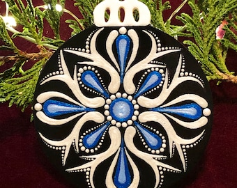 Blue and Silver Snowflake Hand Painted Flat Wood Christmas Tree Ornament, Dot Art Mandala
