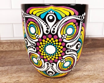 Rainbow Radiator, Extra Large 20 oz Dot Art Mandala Coffee Mug, Black Porcelain Cup, Hand Painted, Microwave and Dishwasher Safe