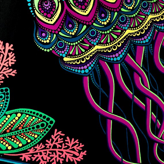 Psychedelic Neon Jellyfish Dot Art Mandala, Original UV Blacklight