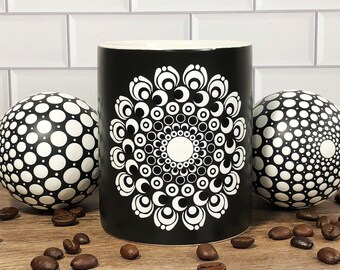Hand Painted Mandala Mug, Optical Illusion Ceramic Tea Cup, 11oz