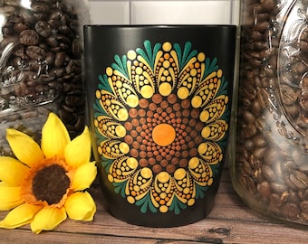 Orange Sunflower Mug, Mandala Coffee Cup, Large Sturdy 16 oz Ceramic Cup, Hand Painted