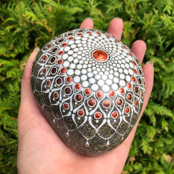 Extra Large Dot Art Mandala, Hand Painted Stone, Natural river rock, Draped Doilie