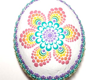 Starburst Mandala Egg, Natural River Rock Shaped and Painted Like an Easter Egg, Dot Art Painted Stone